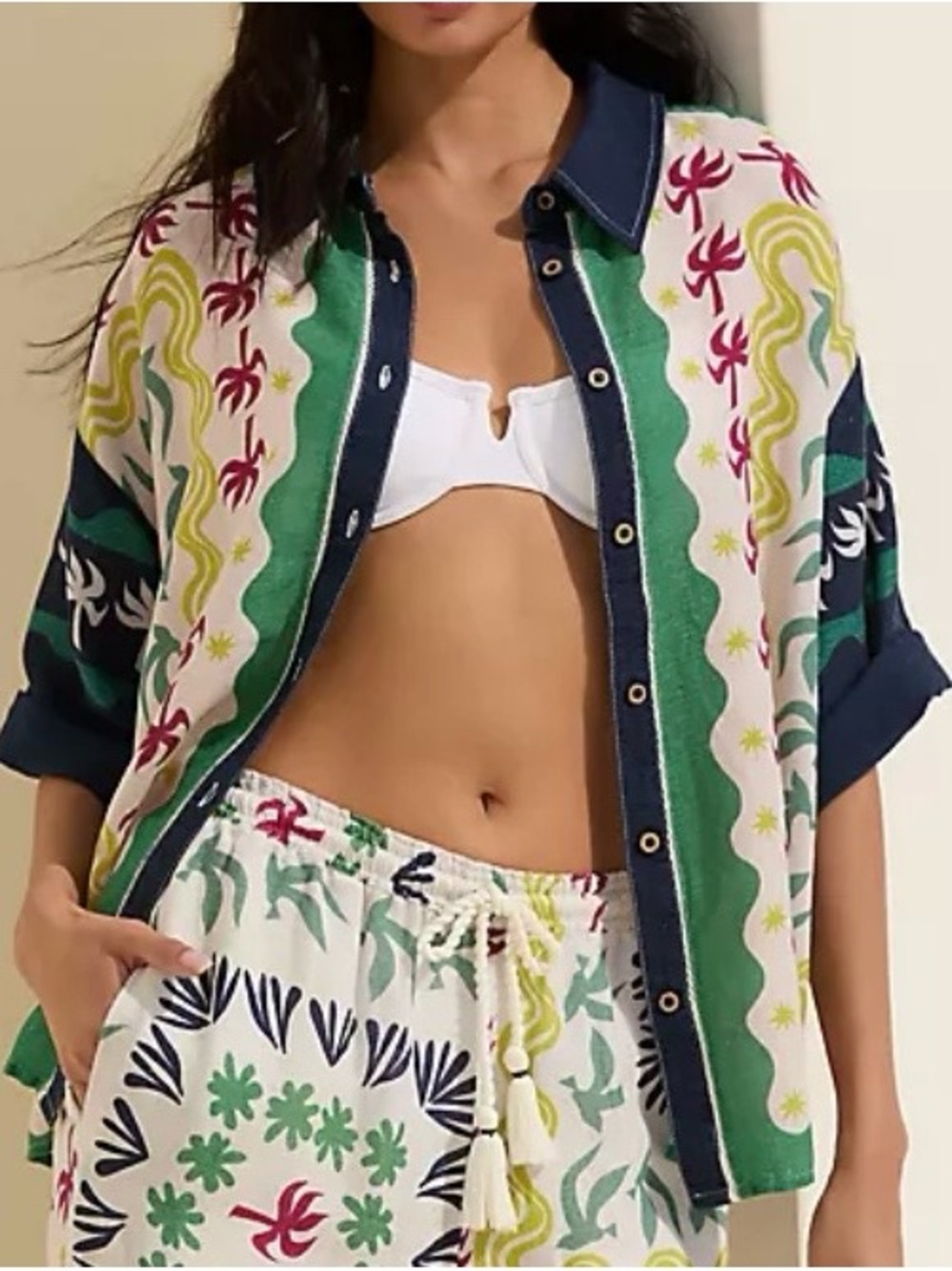 Anthropologie Multicolor Printed Button-Down Shirt in White, Green & Navy